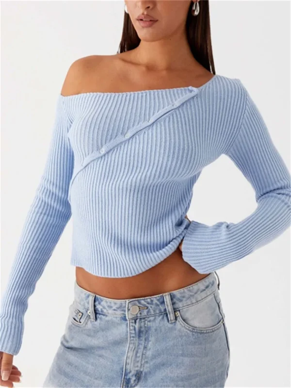 Women s Ribbed Knit Sweater Off-Shoulder Long Sleeve Pullover with Button Detail Solid Color Autumn Top for Women - Image 5