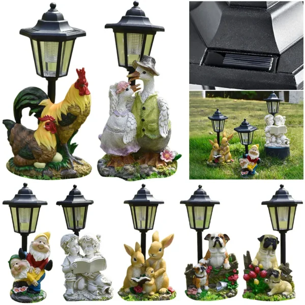 Solar Powered Hexagonal Decorative Lamp Resin Hexagonal Night Light Animal/Child/Gnome Cute Sculpture Lamp Courtyard Decoration - Image 3