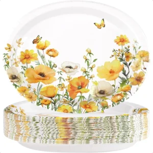 50Pcs Spring Floral Oval Paper Plates 10" x 12" Large Disposable Heavy Duty Watercolor Calliopsis Flower Platters Yellow Flower
