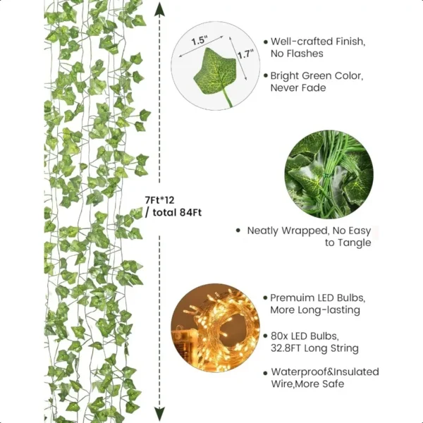 84Ft 12 Pack Artificial Ivy Garland Fake Plants Ivy Vines Leaves with CE Certified 80 LED String Lights Hanging Ivy Lights for - Image 4