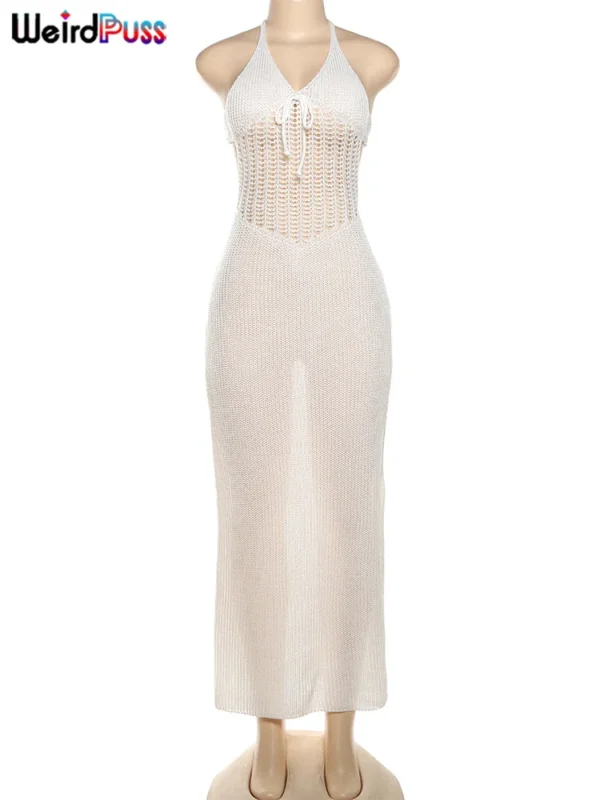 Weird Puss Crochet Sheer Women Dress Halter V Neck Backless Bandage Elastic Sheath Sexy Robe 2024 Summer Vacation Dating Bodycon - Image 6