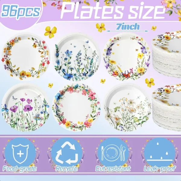 96 Pcs Spring Wildflower Paper Plates Disposable 7 Inch Floral Dinner Plates for Spring Summer Tea Party Birthday Party Decorat - Image 3