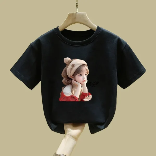 Girls' Short-sleeved T-shirt, Summer Baby Girl Print, Breathable, Round-neck, Half-sleeve, Fashionable Design Top T-shirt - Image 2