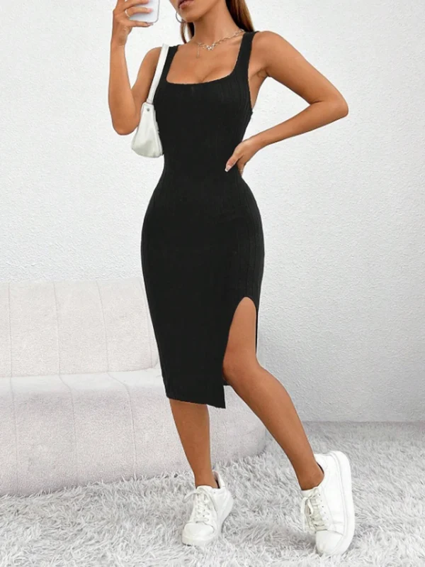 Women Dress Elegant Pit Stripe Halter Robe Solid Color Slit Casual Elegance Spring 2024 Black M - Image 6