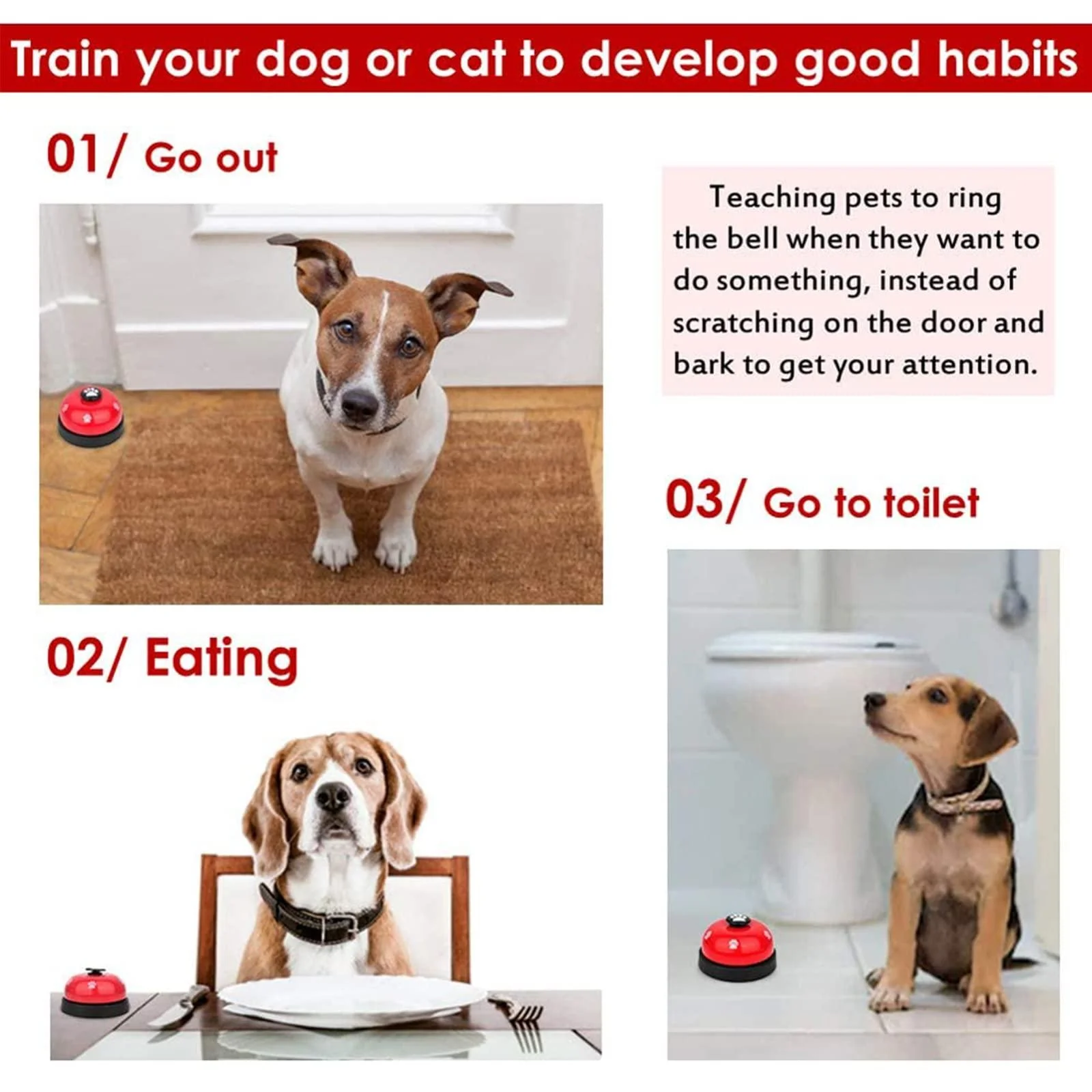 Dog Doorbells, 1 Pcs Metal Bell Dog Training with Non Skid Rubber Bottoms Dog Door Bell for Potty Training Clear Ring Pet Tool - Image 3