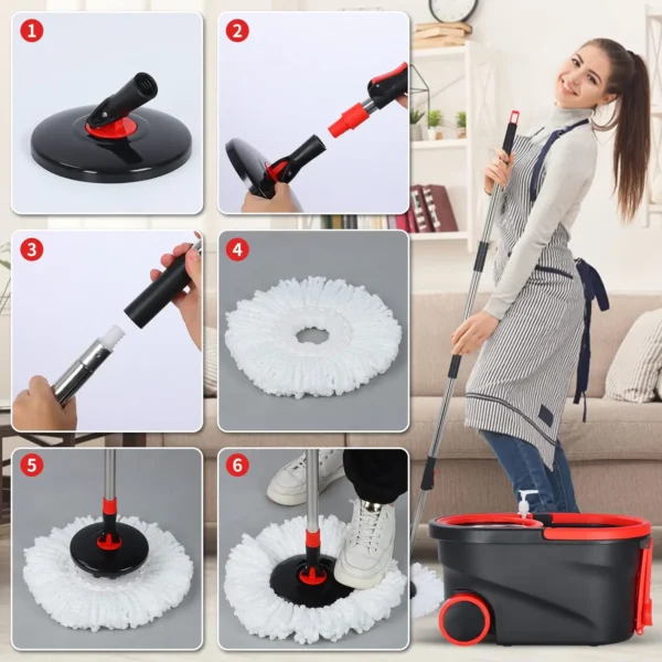 Spin Mop and Bucket Wring System Sets with 3 Microfiber Pads, 61" Extended Handle with Wheels Cleaning Tools Rotating Floor Mop - Image 6