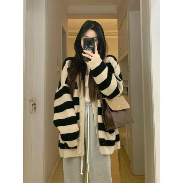 Sweater Female 2023 Spring Wear Korean Loose Slouchy Sweater Striped Knitted Cardigan Coat Women Spring and Autumn Sweater Top - Image 2