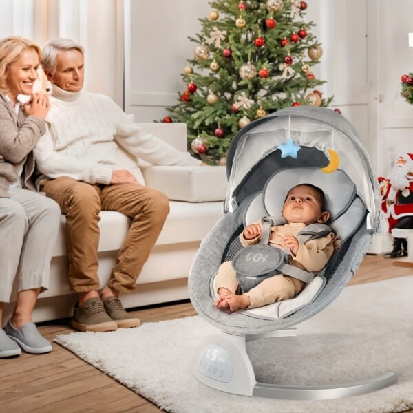 1pc Grey Aluminum Alloy Baby Swing Chair with Speaker, 5-Point Harness, 5 Speeds, Remote Control - Portable Indoor/Outdoor Infant Swing, Easy Assembly - Ideal for Halloween & Christmas Gifts - Image 3
