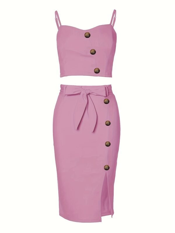 Y2K Button Slim Two-piece Skirt Set, Crop Cami Top & Split Skirt Outfits, Women's Clothing - Image 7