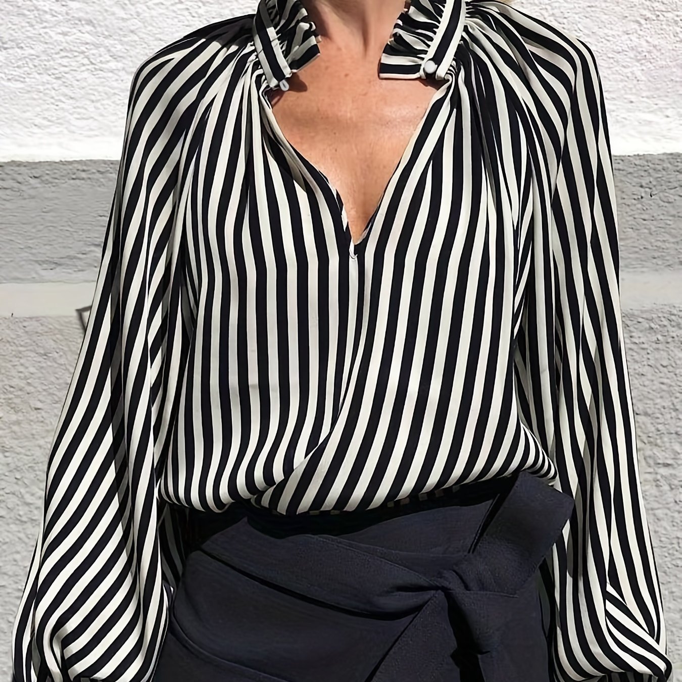 Chic Striped V-Neck Blouse with lettuce trim - Fashionable Long Sleeve Top for Women - Elegant Casual Wear - Image 5