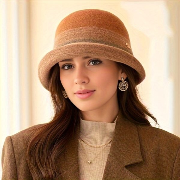 Color Block Striped Wool Bucket Hat Elegant Rolled Brim French Style Basin Hat Lightweight Fedoras Felt Hats For Women Autumn & Winter - Image 3