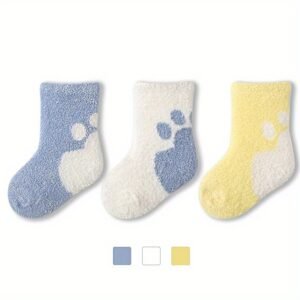 3-Pack Cozy Fleece Baby Socks with Cute Cat Paw Pattern, Polyester Knit Fabric, Knee-Length Warm Plush Socks for Infants, Animal Design, Hand Wash Only - Fall/Winter Collection