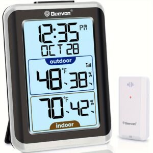 GEEVON Indoor Outdoor Digital Thermometer Hygrometer, Wireless Temperature Humidity Sensor with Time Display, 200ft Range, ABS Material, Battery Powered with AAA Non-rechargeable Battery, RFID Function