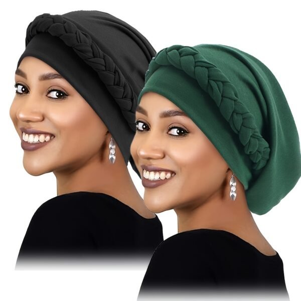 2pcs/set Breathable Braided Turban Hats for Women - Elastic Head Wraps for Ramadan, Chemo, and More - Classic Solid Colors - Image 8