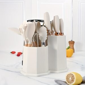 Premium 19-Piece White Silicone Kitchen Utensil Set - Non-Stick, Heat Resistant, Wooden Handle, Including Spatulas, Egg Beaters, & More - Durable, Easy Clean, Ergonomic Design for Hassle-Free Cooking