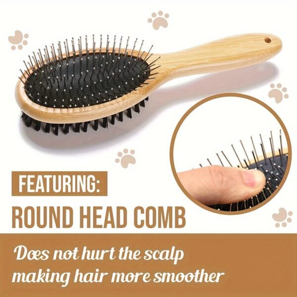 [Lightweight Bamboo Pet Grooming] 1pc Stainless Steel Double-Sided Pet Brush, Comfortable Round Head Comb, Lightweight Bamboo Handle, Quality Build for Dog Grooming and Hair Care - Image 5