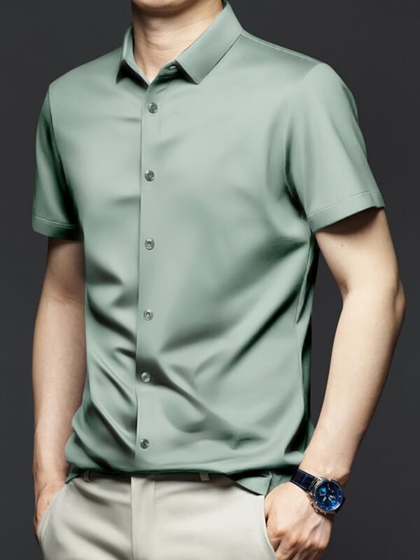 [Solid Formal Shirt] Mature Men's Solid Formal Short Sleeve Button Up Shirt - Summer Business Top - Image 5