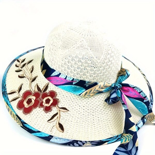 1pc Satin Print Streamer Decorative Sun Hat Personalized Flower Embroidered Wide Brim Hat Summer Stylish Sunshade Beach Hats For Women - Image 12