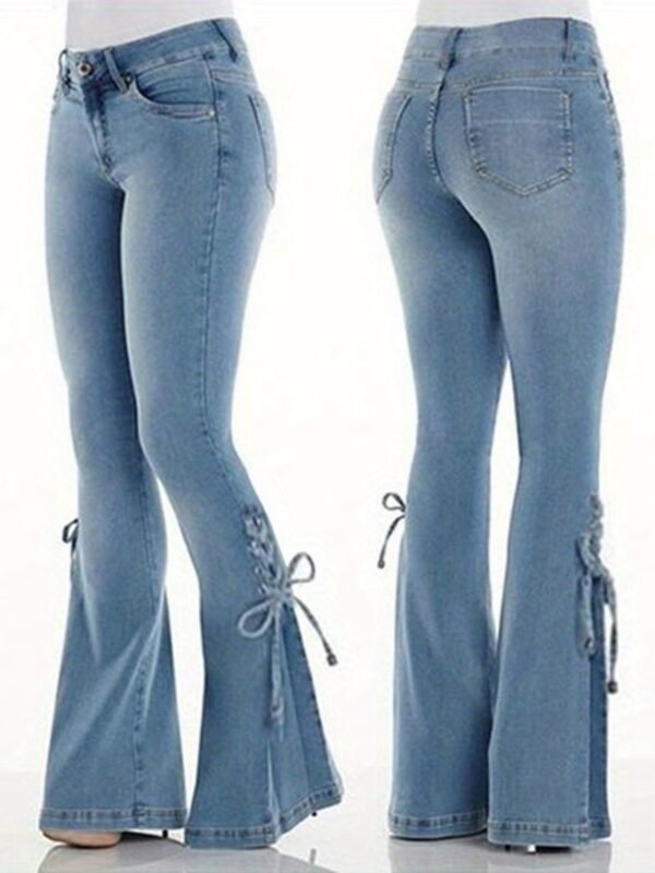 Women Jeans, High Waist Tie-up Solid Slim Fit Casual Flared Pants Trousers Streetwear - Image 5