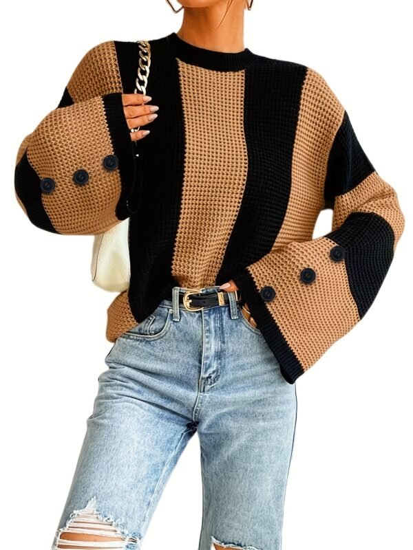 Casual Crew Neck Striped Pullover Sweater - Flare Sleeve Knitted Top for Women - Image 4