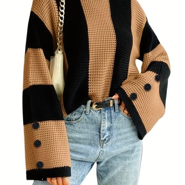 Casual Crew Neck Striped Pullover Sweater - Flare Sleeve Knitted Top for Women - Image 6