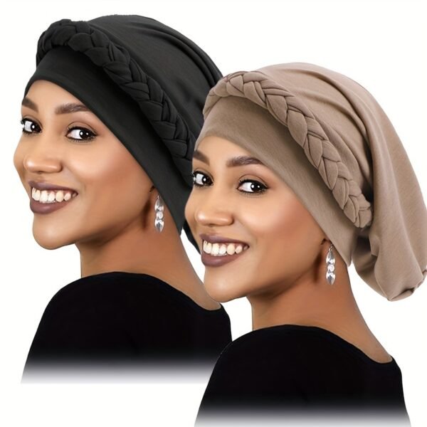 2pcs/set Breathable Braided Turban Hats for Women - Elastic Head Wraps for Ramadan, Chemo, and More - Classic Solid Colors - Image 3