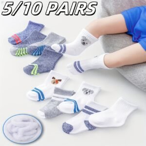 5/10 Pairs Baby Socks Set, Non-Slip Cartoon Dog Stripe Pattern, Cute Mid-Tube Knit Fabric, Polyester 97% Spandex 3%, All-Season, Hand Wash Only