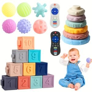 Baby Toys For 0 To 36 Months, Educational Toys For Babies, Sensory Toys For Toddlers 1-3, Stacking Blocks, Sensory Shapes & Teething Simulation Remote Control, Baby Shower Gift
