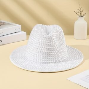 Faux Pearl Decor Fedora Cap White Elegant Cowgirl Hat Rolled Brim Jazz Felt Hat Party Hats For Women