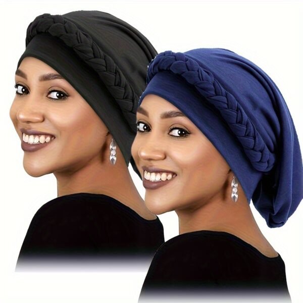 2pcs/set Breathable Braided Turban Hats for Women - Elastic Head Wraps for Ramadan, Chemo, and More - Classic Solid Colors - Image 2