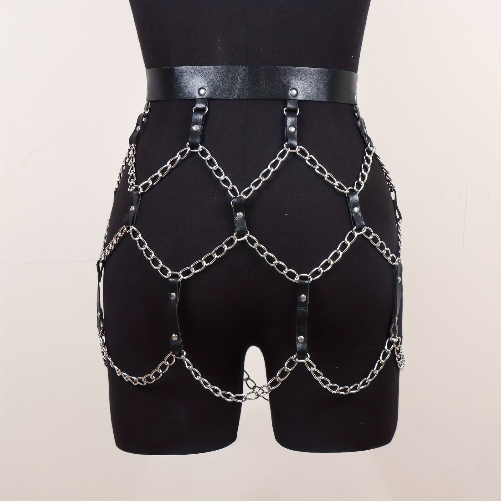 Chain Fringe Skirt Waistband PU Leather Punk Adjustable Waist Belt Club Party Skirt Gothic Hollow Black Rivet Harness - Image 6