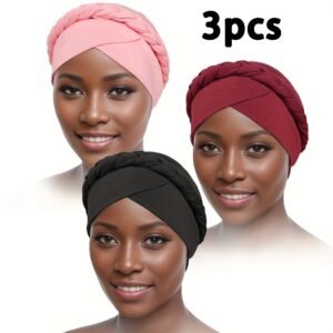 3pcs/set Vintage Braided Boho Head Wraps - Elastic and Breathable Forehead Turban Hats for Women - Perfect for Ramadan, Chemo, and Everyday Wear
