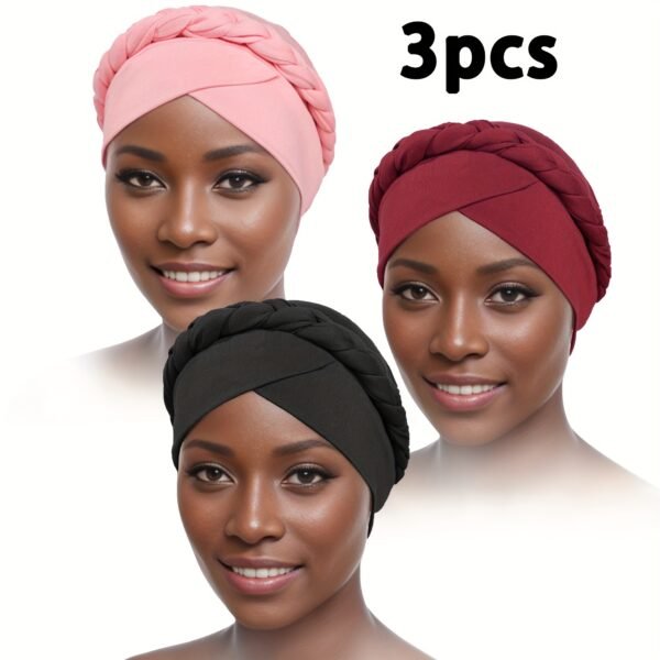 3pcs/set Vintage Braided Boho Head Wraps - Elastic and Breathable Forehead Turban Hats for Women - Perfect for Ramadan, Chemo, and Everyday Wear