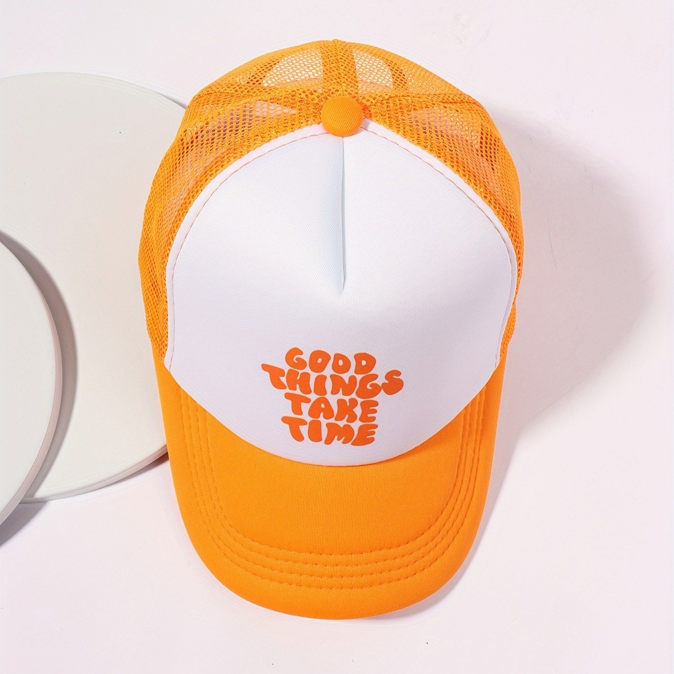 Printed Mesh Trucker Hat Good Things Take Time Color Block Baseball Cap Unisex Simple Breathable Dad Hats For Women Men - Image 4