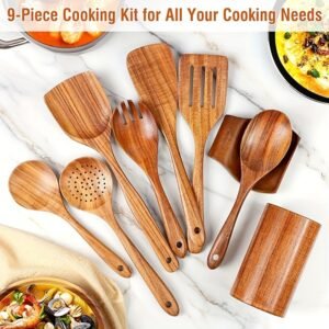 8pcs/9pcs Natural Teak Wooden Kitchen Utensil Set With Spoon Rest - Comfort Grip Cooking Spoons And Utensils Holder
