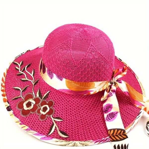1pc Satin Print Streamer Decorative Sun Hat Personalized Flower Embroidered Wide Brim Hat Summer Stylish Sunshade Beach Hats For Women - Image 3