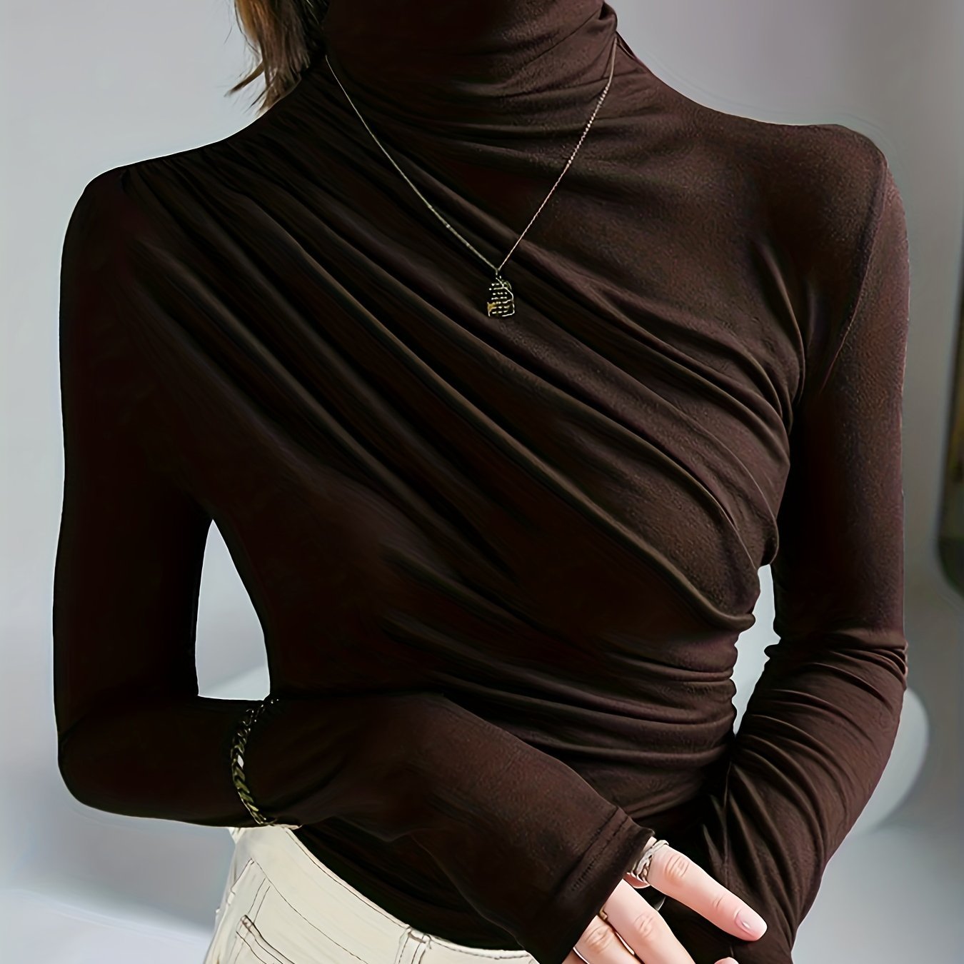 Elegant Ruched Mock Neck Long Sleeve Top for Women - Stylish Autumn/Winter Blouse, Soft Polyester & Elastane Blend, Machine Washable, Dark Brown, Perfect for Casual or Dressy Outfits - Image 3