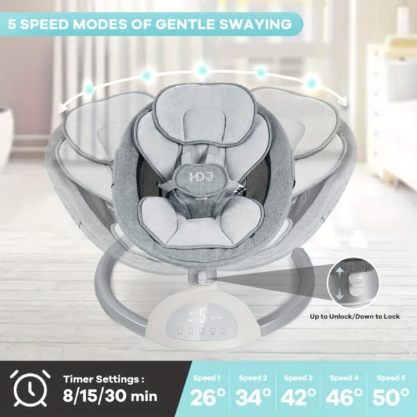1pc Grey Aluminum Alloy Baby Swing Chair with Speaker, 5-Point Harness, 5 Speeds, Remote Control - Portable Indoor/Outdoor Infant Swing, Easy Assembly - Ideal for Halloween & Christmas Gifts - Image 4