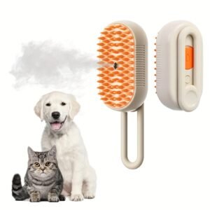 3-in-1 Rechargeable Self-Cleaning Steam Pet Brush for Cats and Dogs with Massage Feature, Loose Hair Removal, Battery & USB Powered, Plastic Material