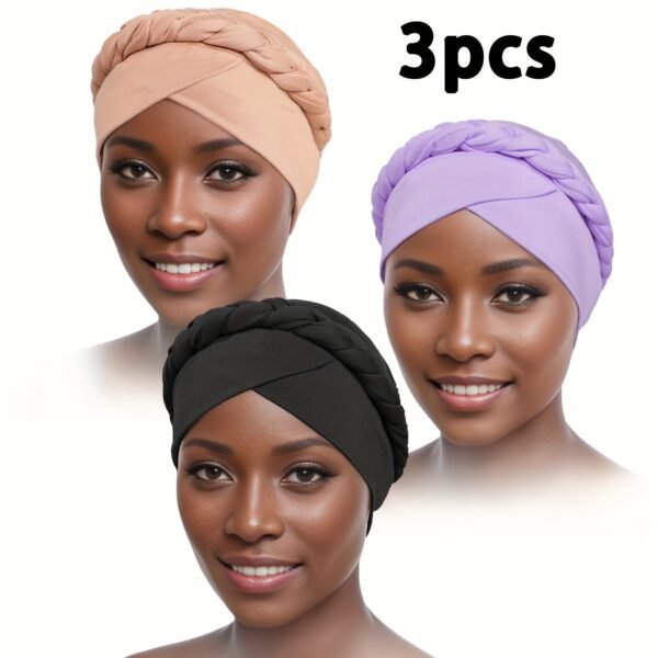 3pcs/set Vintage Braided Boho Head Wraps - Elastic and Breathable Forehead Turban Hats for Women - Perfect for Ramadan, Chemo, and Everyday Wear - Image 4
