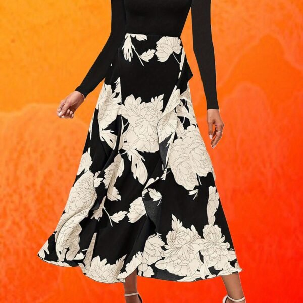 Women Dress, Long Dress, Elegant Dress, Flower Print Maxi Dress, Crewneck Long Sleeve Dresses - Image 8