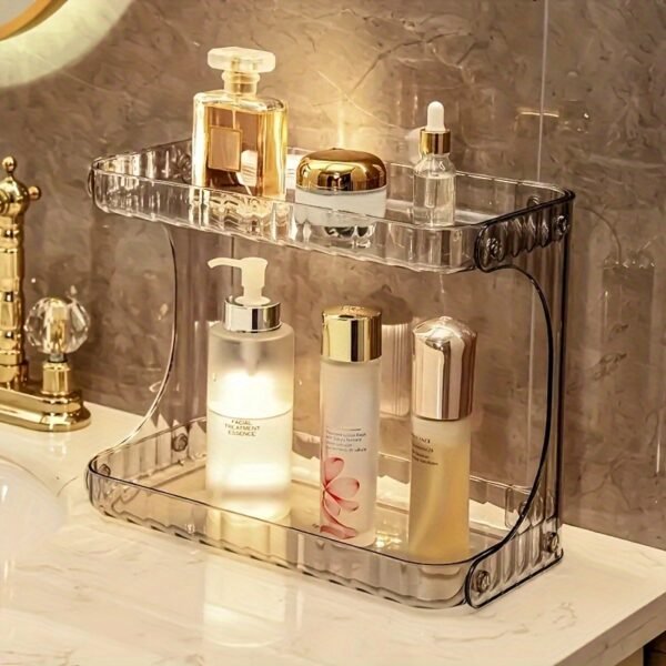 1pc Double Layer Bathroom Storage Rack, 2 Tier Bathroom Organizer for Perfumes And Makeups, Skincare, Toiletries, Modern Plastic Desktop Storage Holder for Bathroom