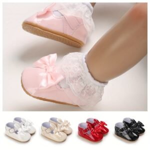 Cute Bowknot Mary Jane Shoes For Baby Girls Toddler, Comfortable Non Slip Soft Flat Sole Shoes For Indoor Outdoor Walking, All Seasons