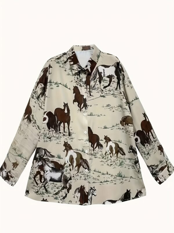 Vibrant Horse Print Long Sleeve Lapel Collar Shirt for Women - Button Front, Casual Polyester Shirt with Random Animal Pattern - Perfect for All Seasons - Image 3