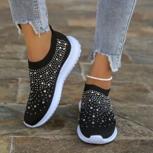 Women's Rhinestone Decor Slip-on Sneakers, Fly Woven Sports Shoes, Breathable Low Top Walking Shoes For Music Festival