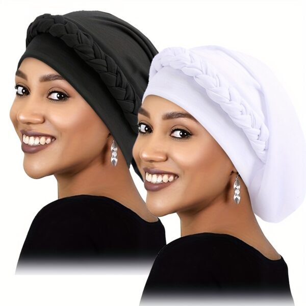 2pcs/set Breathable Braided Turban Hats for Women - Elastic Head Wraps for Ramadan, Chemo, and More - Classic Solid Colors - Image 4