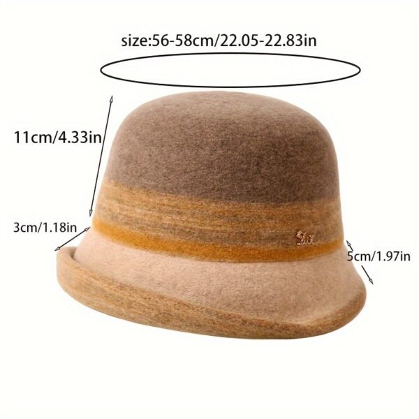 Color Block Striped Wool Bucket Hat Elegant Rolled Brim French Style Basin Hat Lightweight Fedoras Felt Hats For Women Autumn & Winter - Image 5