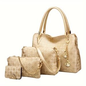 4-Piece Set of Stylish Faux Leather Purses and Handbags - Zipper Closure, Polyester Lining, Animal Print Pattern, Tote, Satchel, and Shoulder Bags for Women