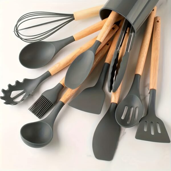 12-Piece Premium Non-Stick Silicone Kitchen Utensil Set with Ergonomic Wooden Handles - Durable, Heat-Resistant, Easy to Clean, and Safe for Cooking and Baking - Ideal for Back to School, Dorm Essentials, and Home Cooking Enthusiasts - Image 7