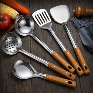 5pcs Stainless Steel Kitchen Utensil Set with Wooden Handles - Durable Metal Cooking Tools Including Slotted Turner, Solid & Slotted Spoons, Rice Paddle - Non-Electric, Rust-Resistant Cookware Accessories